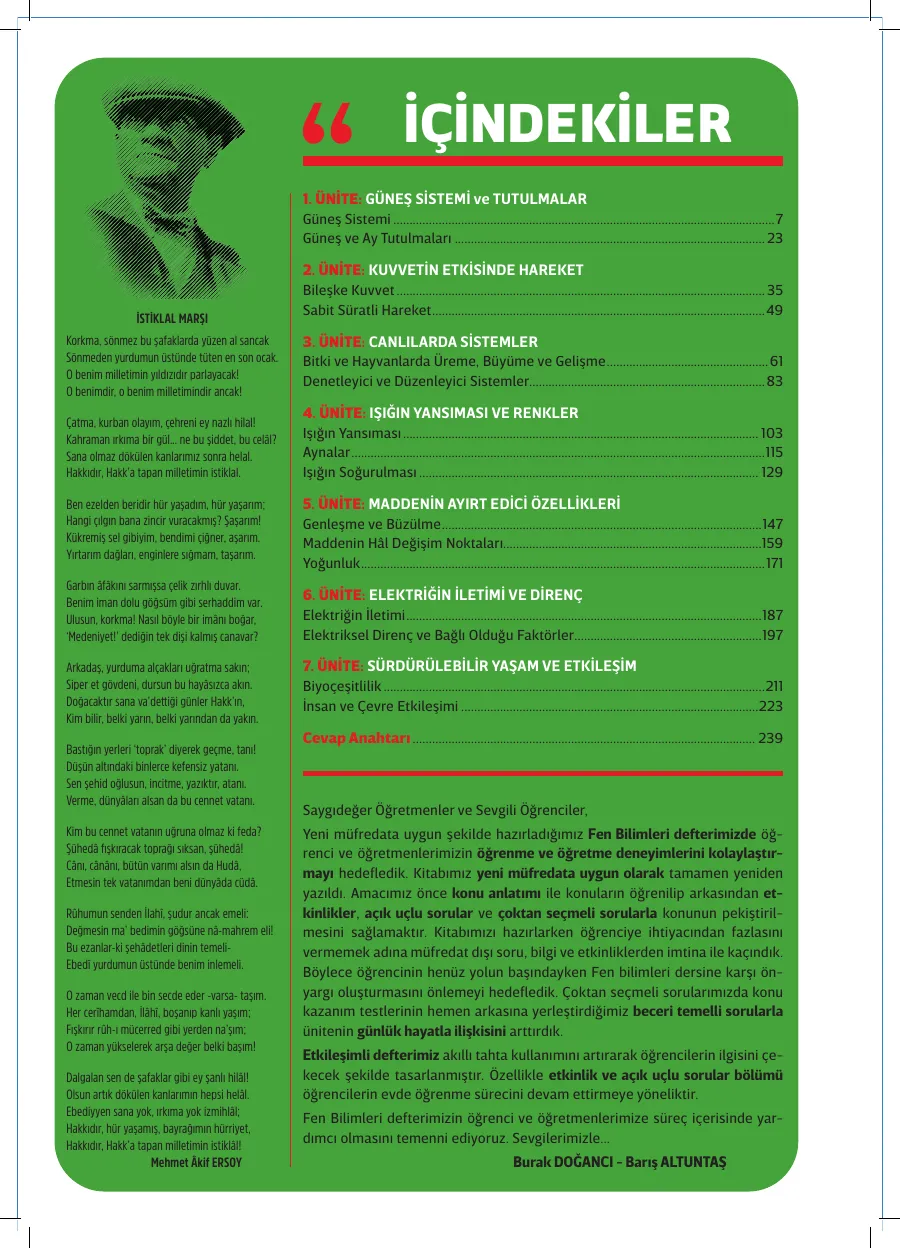 6. Sınıf Fen Bilimleri Defterim içindekiler sayfası