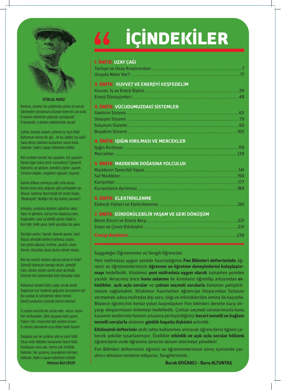 7. Sınıf Fen Bilimleri Defterim içindekiler sayfası