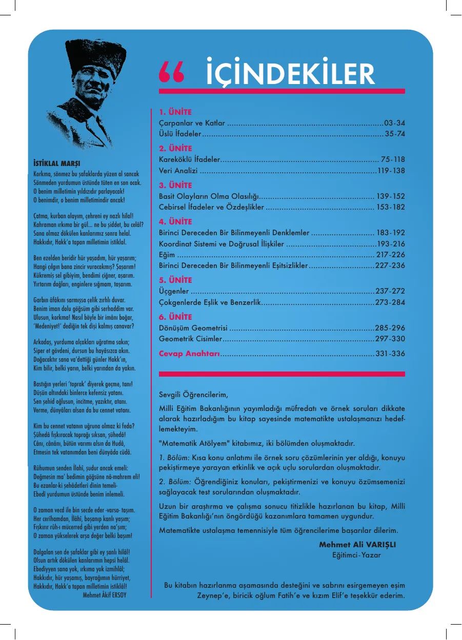 8. Sınıf Matematik Atölyem içindekiler sayfası