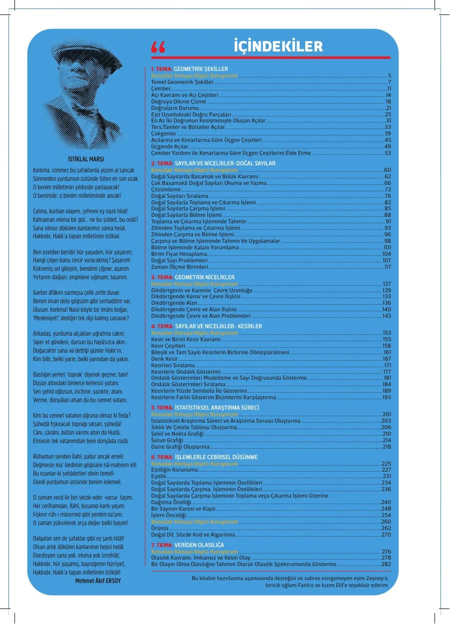5. Sınıf Matematik Defterim içindekiler sayfası