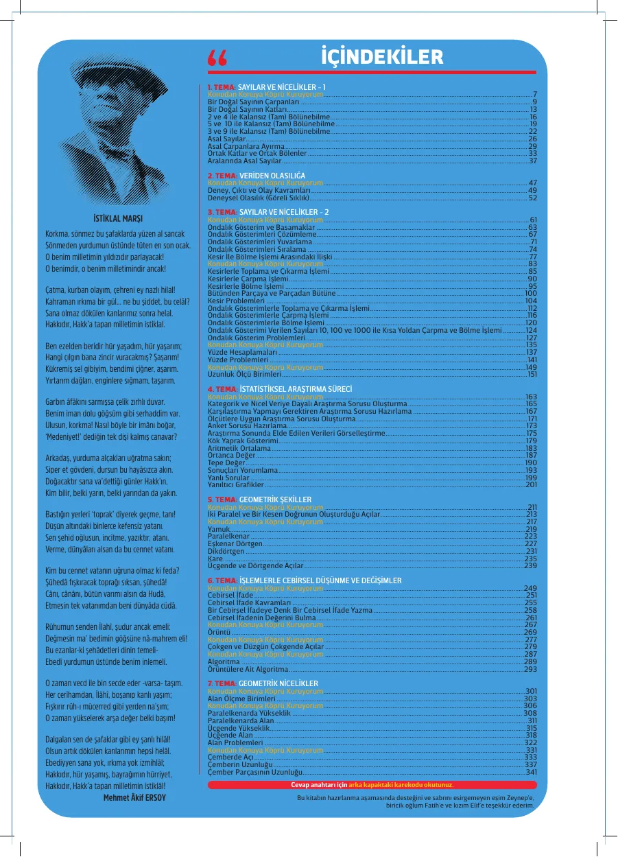 6. Sınıf Matematik Defterim içindekiler sayfası
