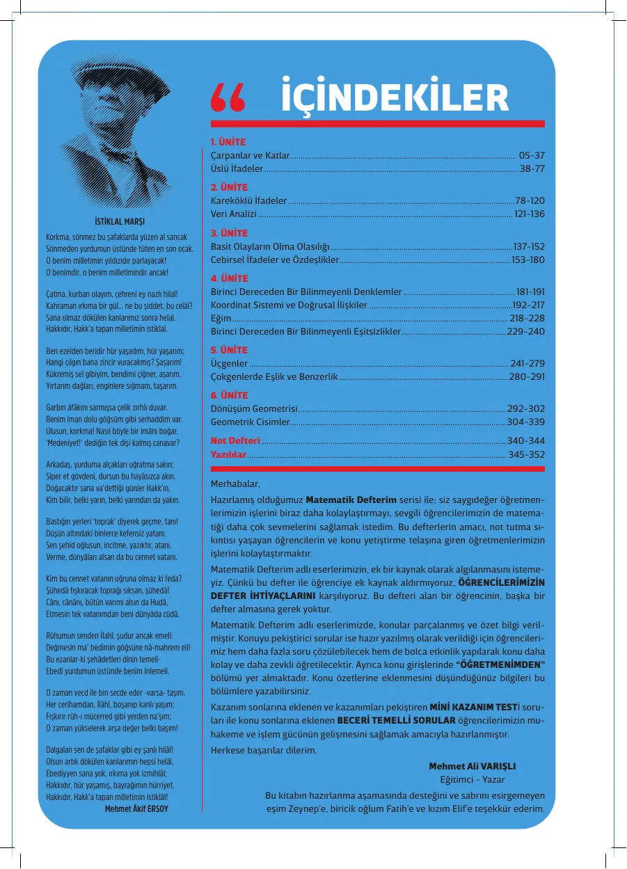 8. Sınıf Matematik Defterim içindekiler sayfası