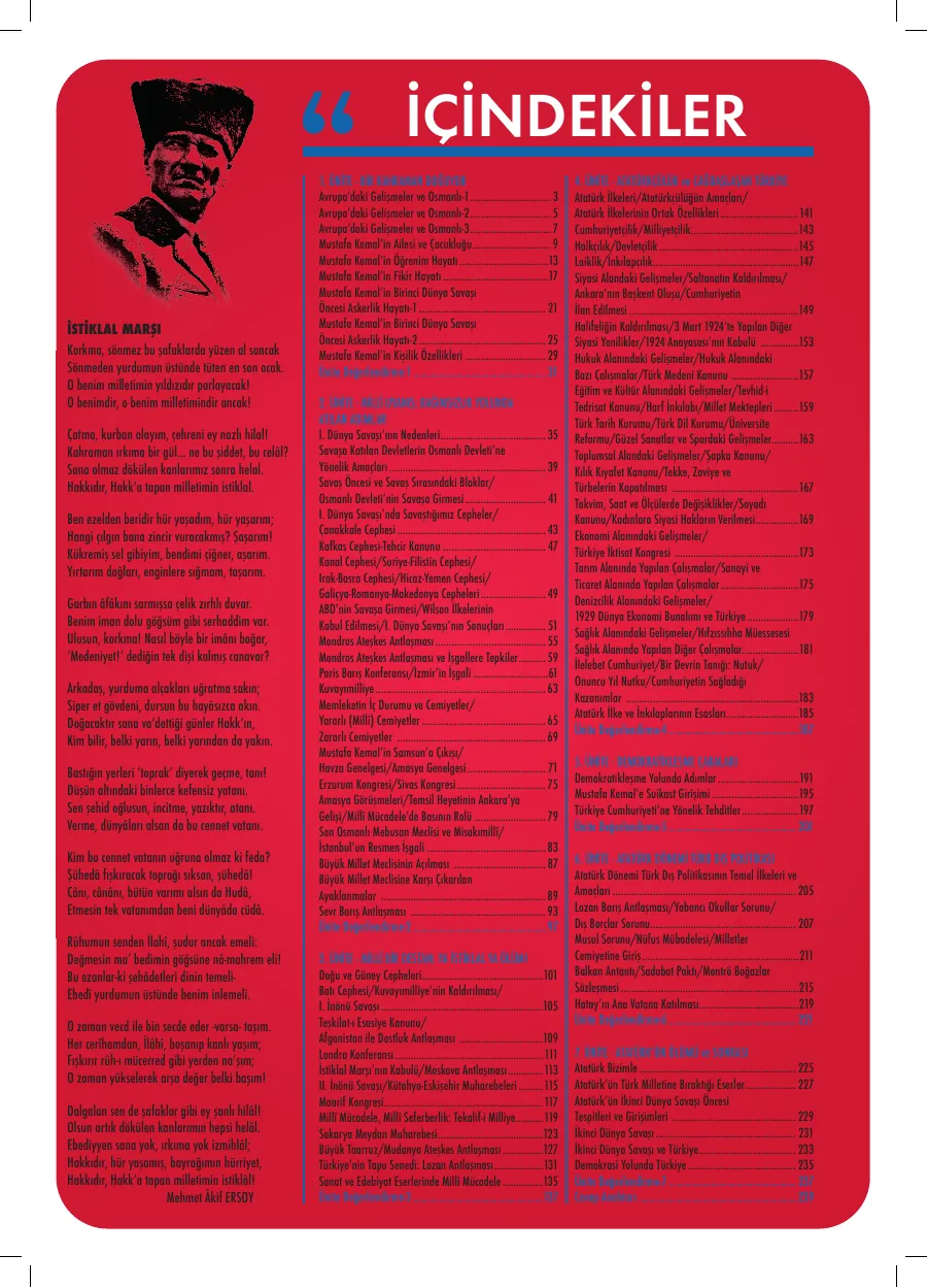 8. Sınıf T.C. İnkılap Tarihi ve Atatürkçülük Atölyem içindekiler sayfası
