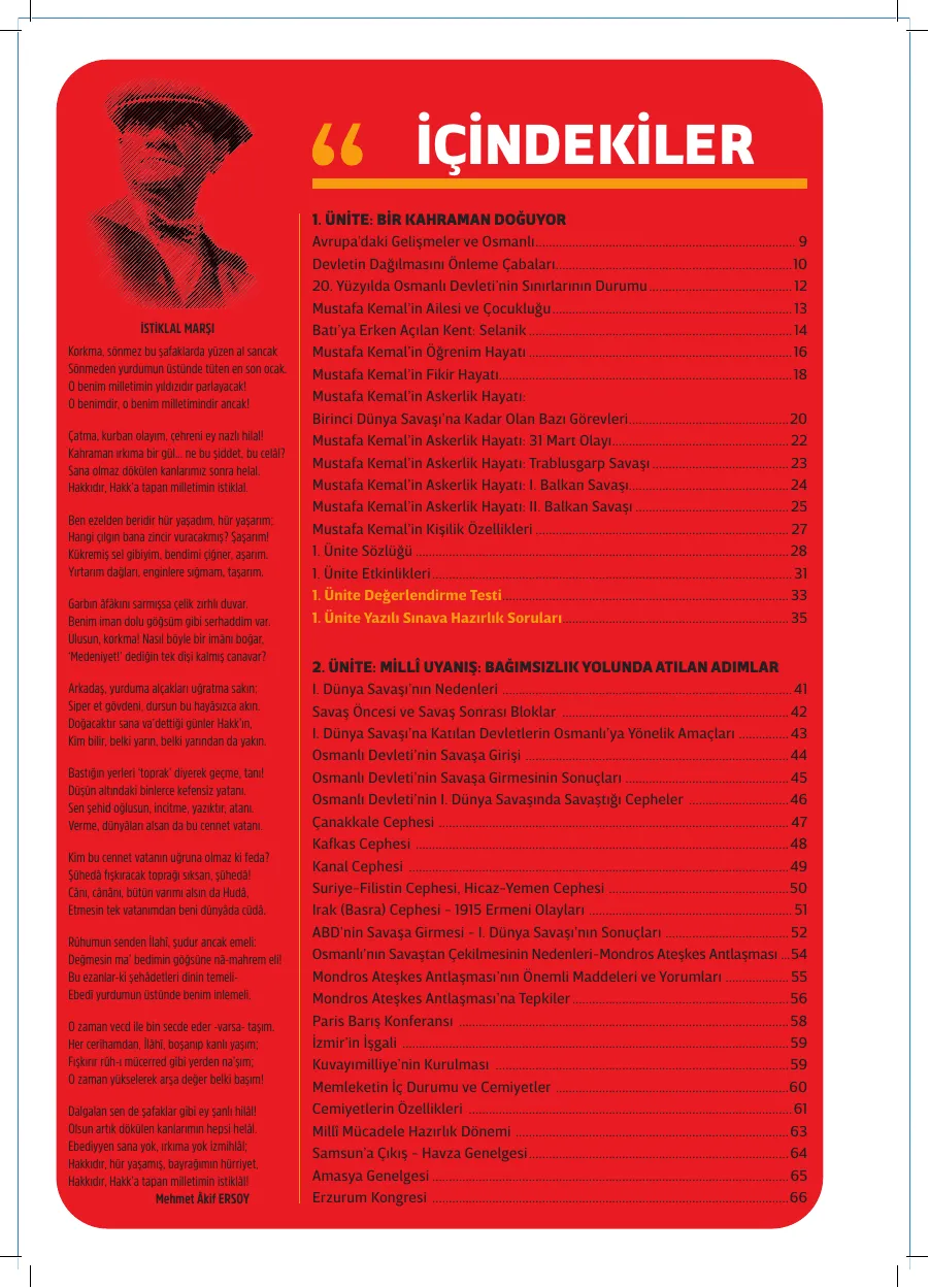 8. Sınıf T.C. İnkılap Tarihi ve Atatürkçülük Defterim içindekiler sayfası