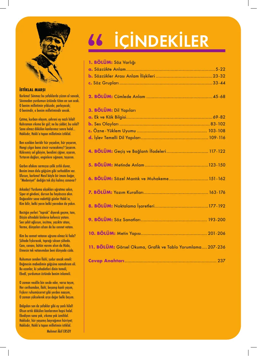 6. Sınıf Türkçe Atölyem içindekiler sayfası