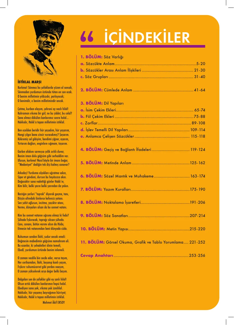 7. Sınıf Türkçe Atölyem içindekiler sayfası