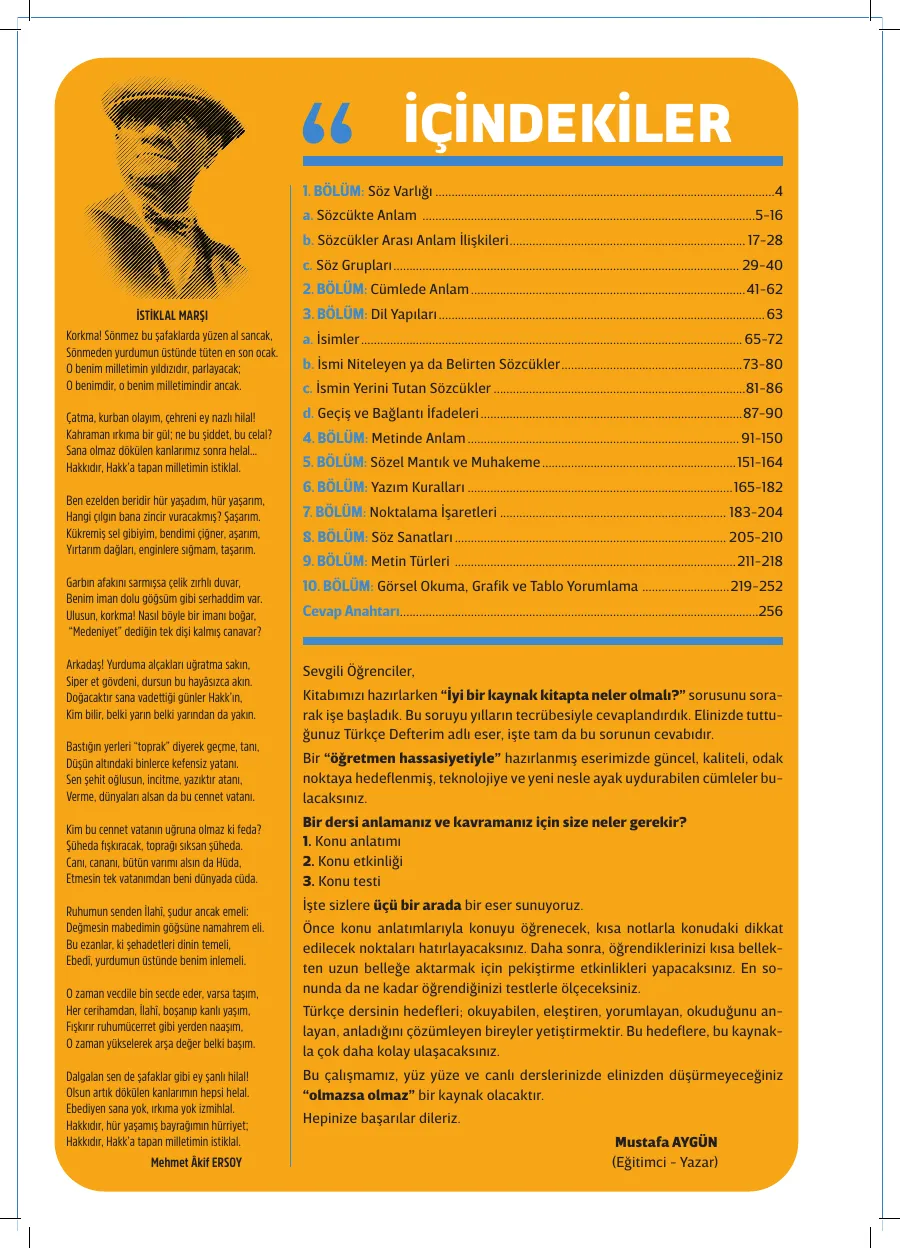 5. Sınıf Türkçe Defterim içindekiler sayfası