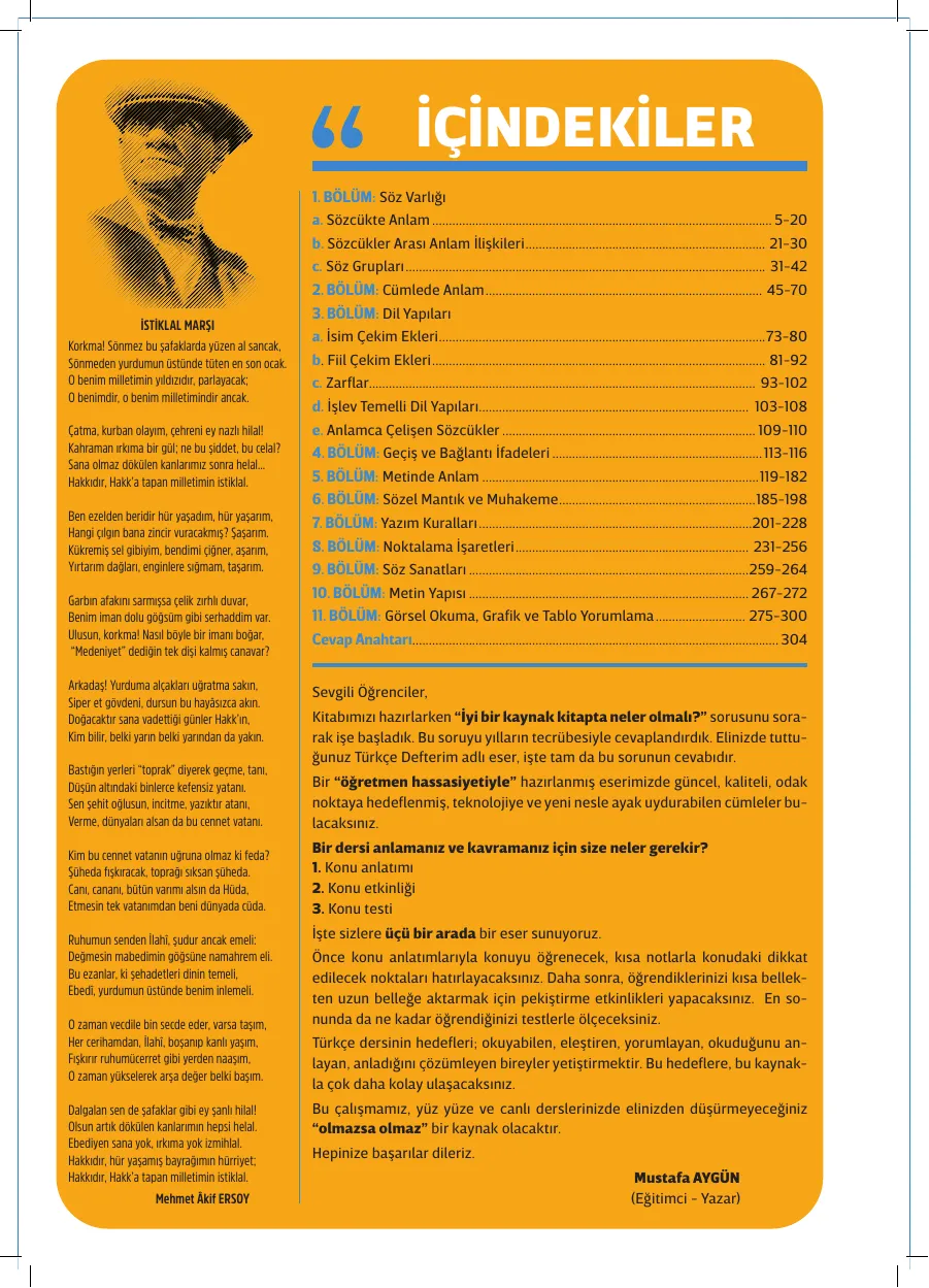 7. Sınıf Türkçe Defterim içindekiler sayfası